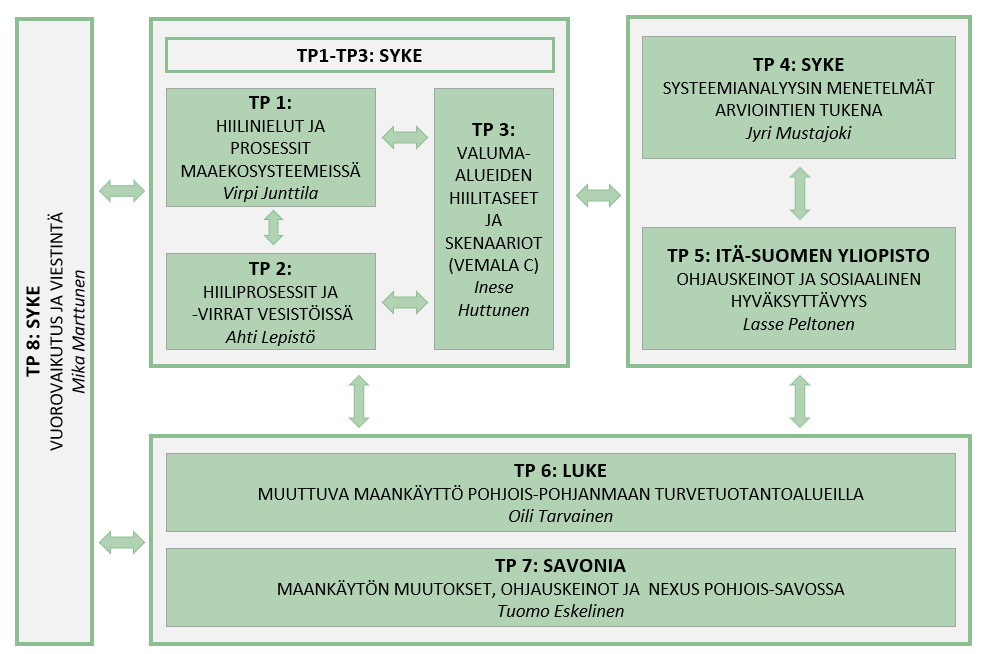 SysteemiHiili-hankkeen työpaketit ja vastuuvetäjät.